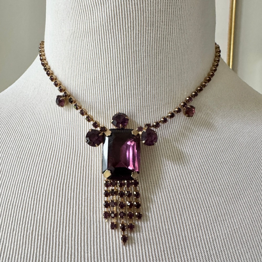 Vintage 1950s Purple Rhinestone Statement Necklace Tassel Sparkly Dressy Formal